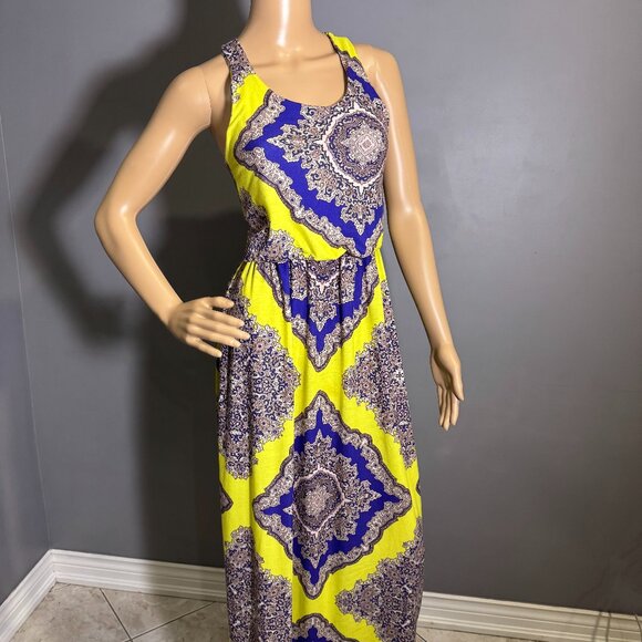 boohoo Baroque Maxi Dress 💛 yellow & royal blue racerback summer dress - Picture 1 of 8